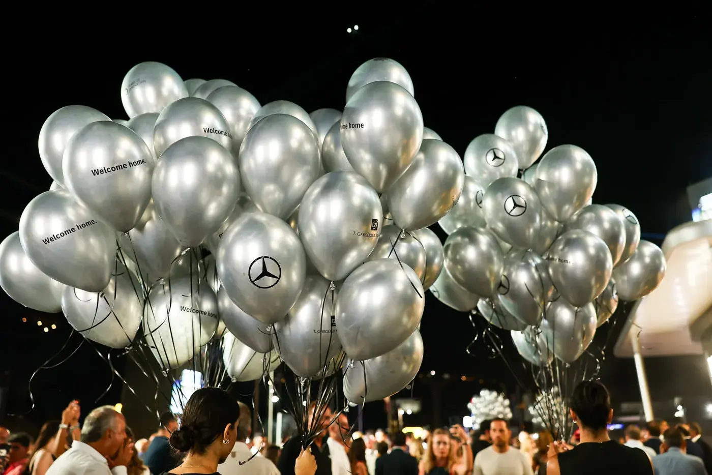 Silver balloon installation for a Mercedes-Benz event